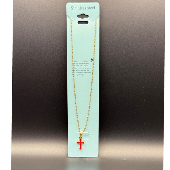 Gold Tone Stainless Steel Red Cross Pendant Necklace Religious Jewelry - Picture 2 of 3